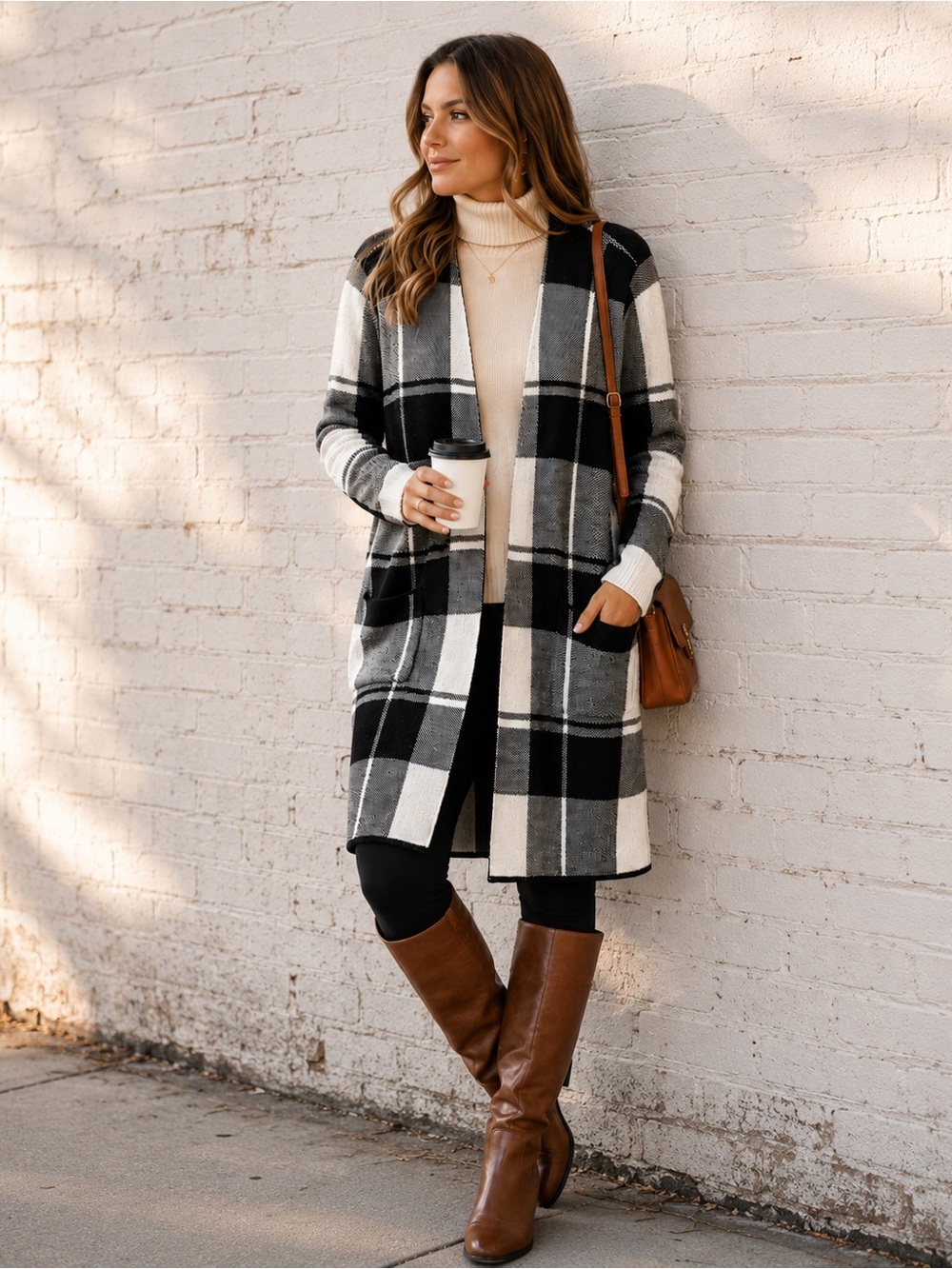 Apt. 9 Plaid Cardigan XL Black Gray White Longline Open Front Duster